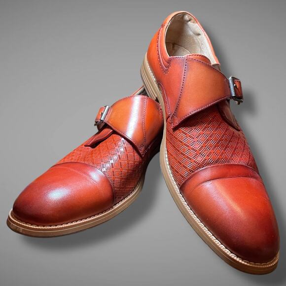 Mens's 11.5M STACY ADAMS Fenwick Cap Toe Single Monk Strap Cognac Leather Shoes - Picture 1 of 14